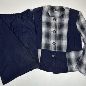 Vtg Prato USA Women 2pc Jacket & Pants Set Blue Plaid Lightweight Pull On Sz 10